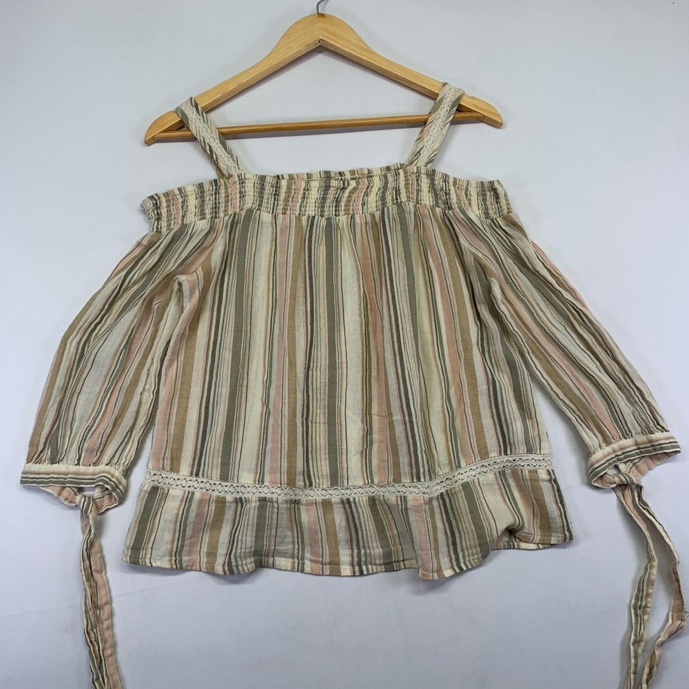 Lauren‎ Conrad Women's Striped Off The Shoulder Tie Sleeve Top Size Small